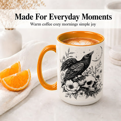 #pl[15oz|Orange] Raven Skull Floral Ceramic Mug, Crescent Moon Gothic Artwork