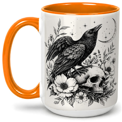 #pl[15oz|Orange] Raven Skull Floral Ceramic Mug, Crescent Moon Gothic Artwork