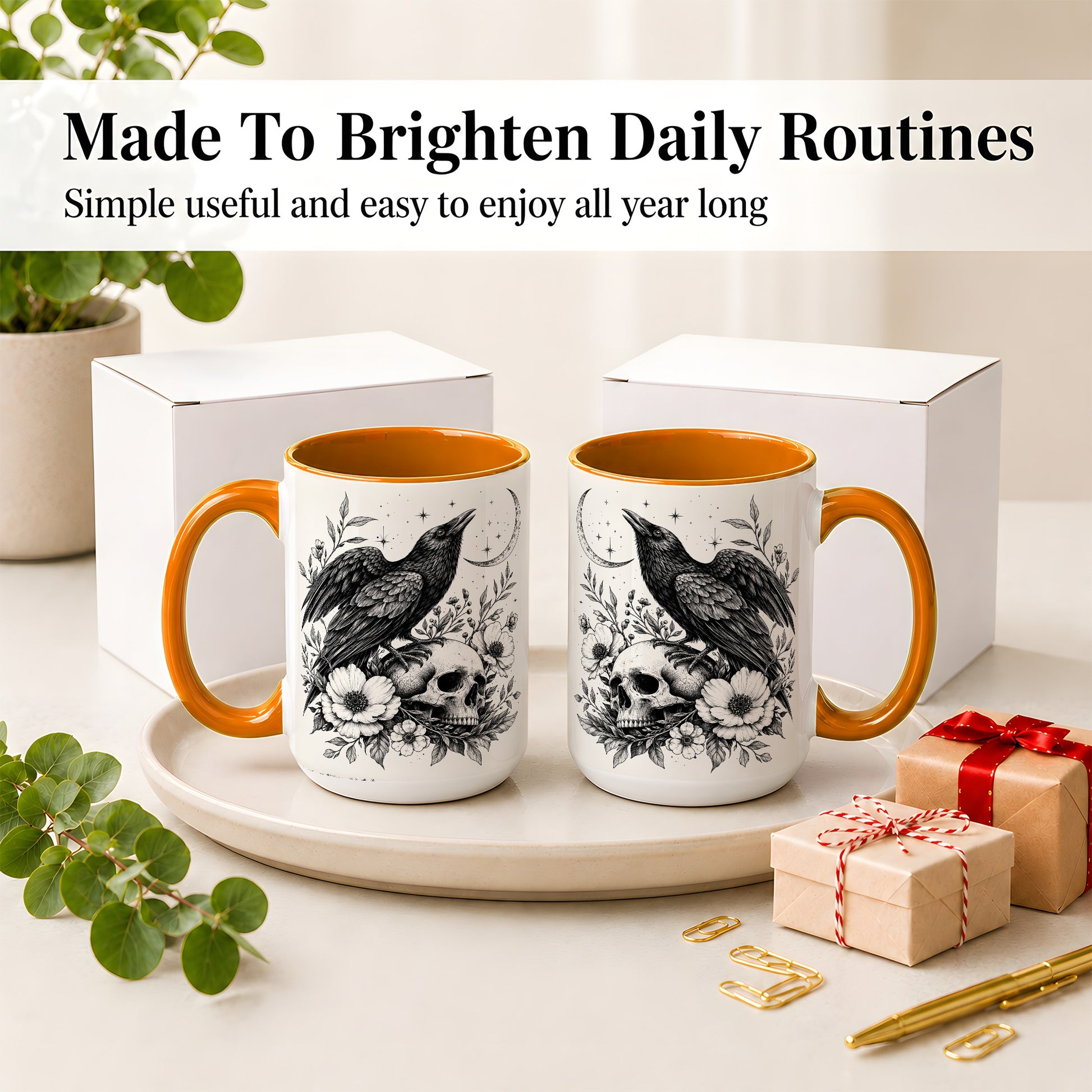 #pl[15oz|Orange] Raven Skull Floral Ceramic Mug, Crescent Moon Gothic Artwork