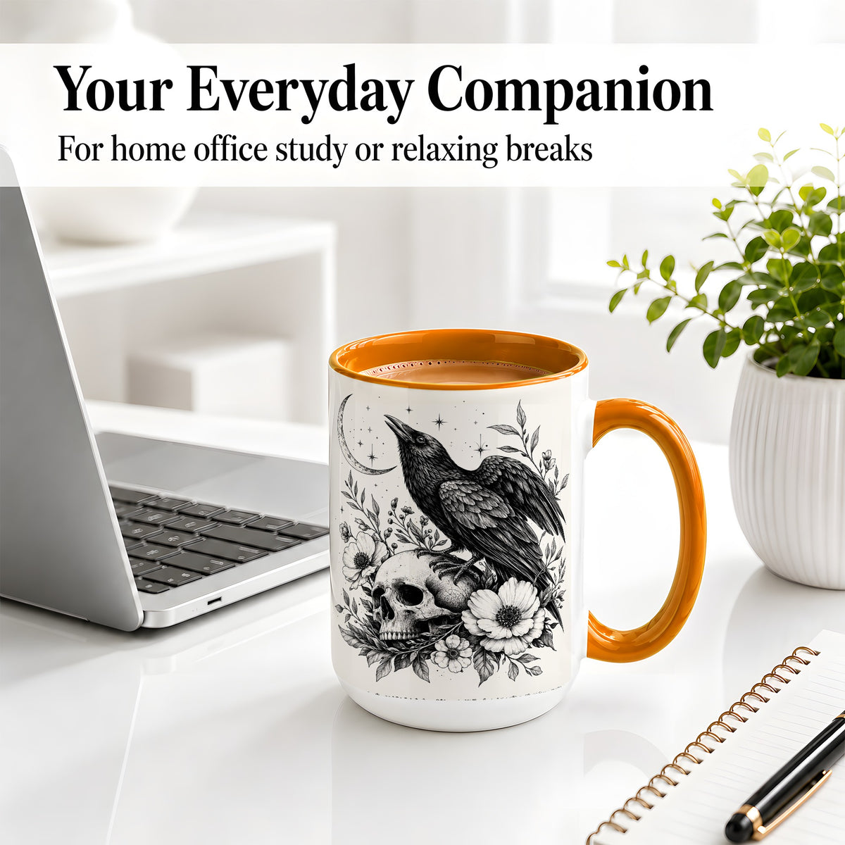 #pl[15oz|Orange] Raven Skull Floral Ceramic Mug, Crescent Moon Gothic Artwork