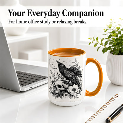 #pl[15oz|Orange] Raven Skull Floral Ceramic Mug, Crescent Moon Gothic Artwork