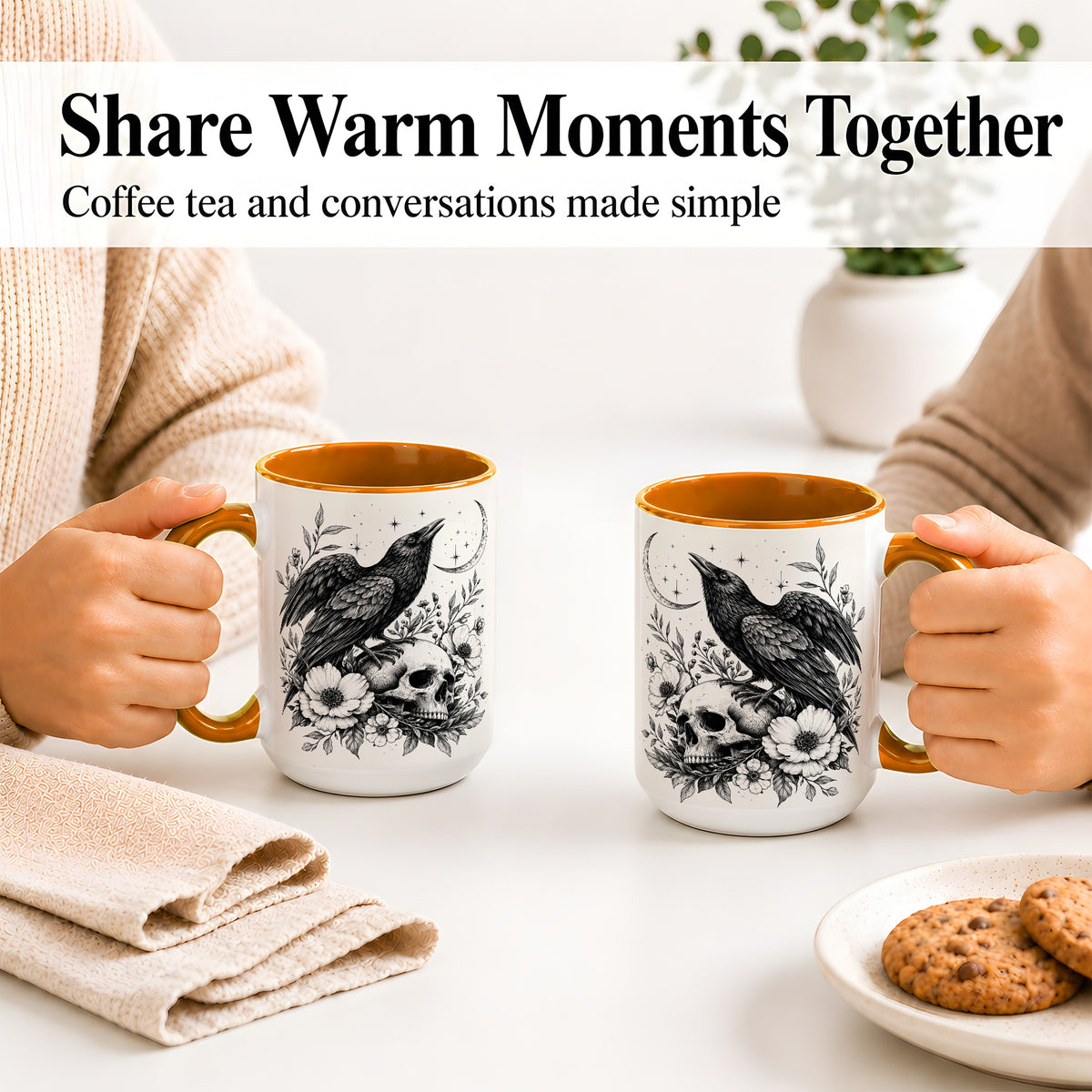 #pl[15oz|Orange] Raven Skull Floral Ceramic Mug, Crescent Moon Gothic Artwork