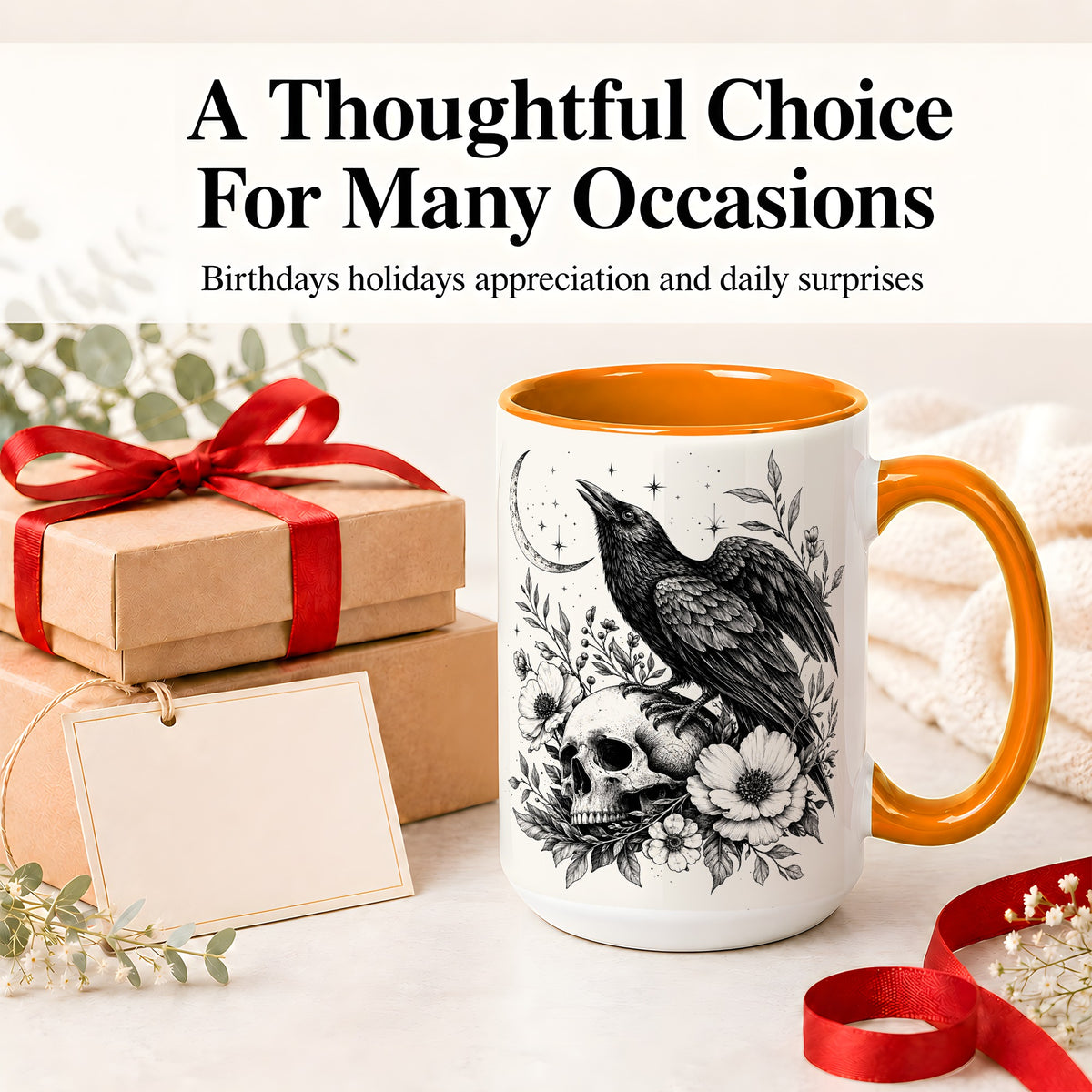 #pl[15oz|Orange] Raven Skull Floral Ceramic Mug, Crescent Moon Gothic Artwork