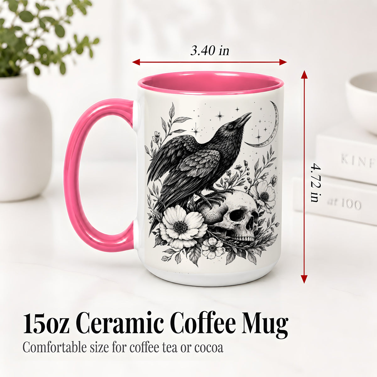#pl[15oz|Pink] Raven Skull Floral Ceramic Mug, Crescent Moon Gothic Artwork