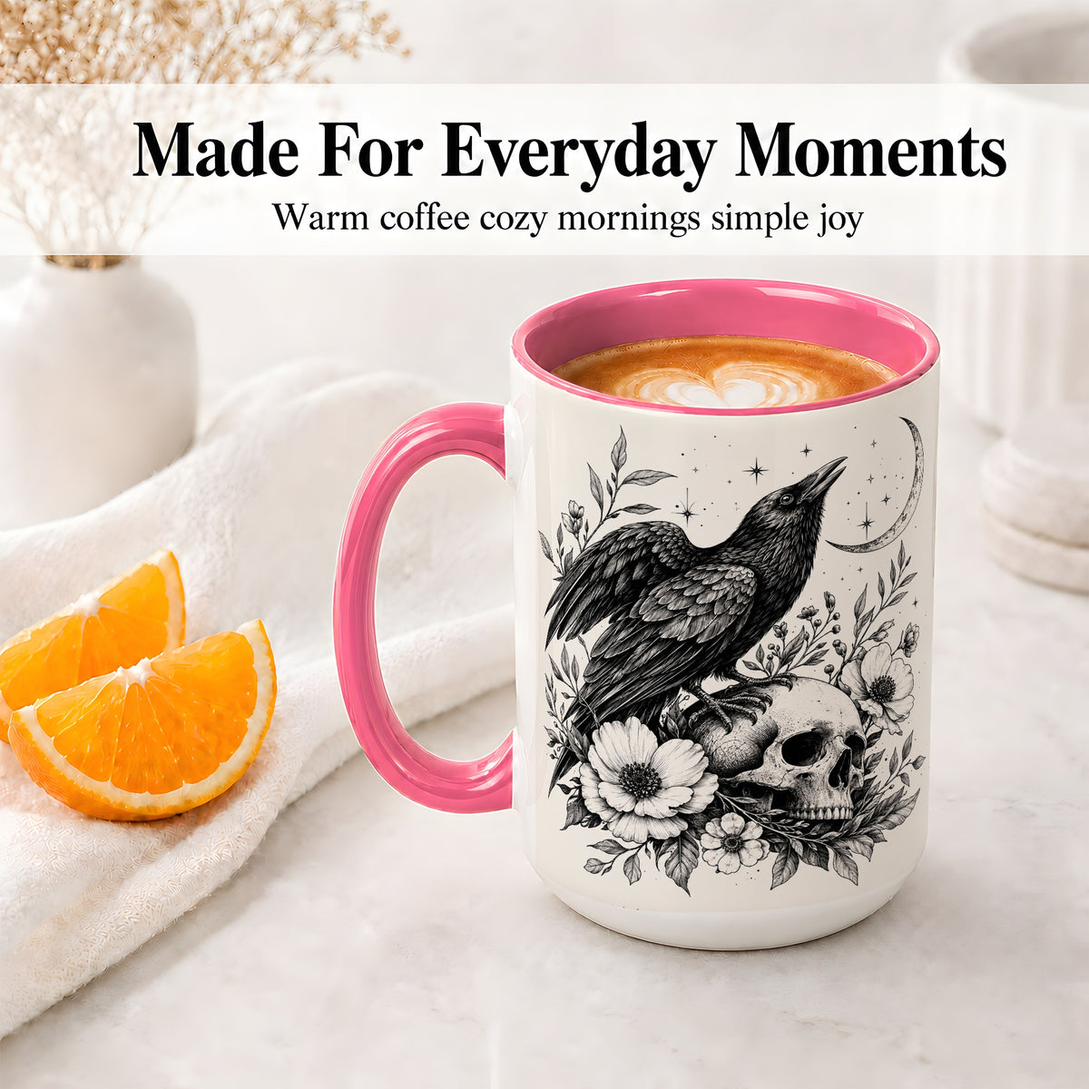 #pl[15oz|Pink] Raven Skull Floral Ceramic Mug, Crescent Moon Gothic Artwork