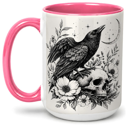 #pl[15oz|Pink] Raven Skull Floral Ceramic Mug, Crescent Moon Gothic Artwork