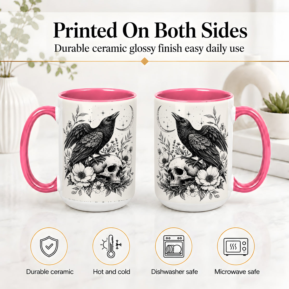 #pl[15oz|Pink] Raven Skull Floral Ceramic Mug, Crescent Moon Gothic Artwork