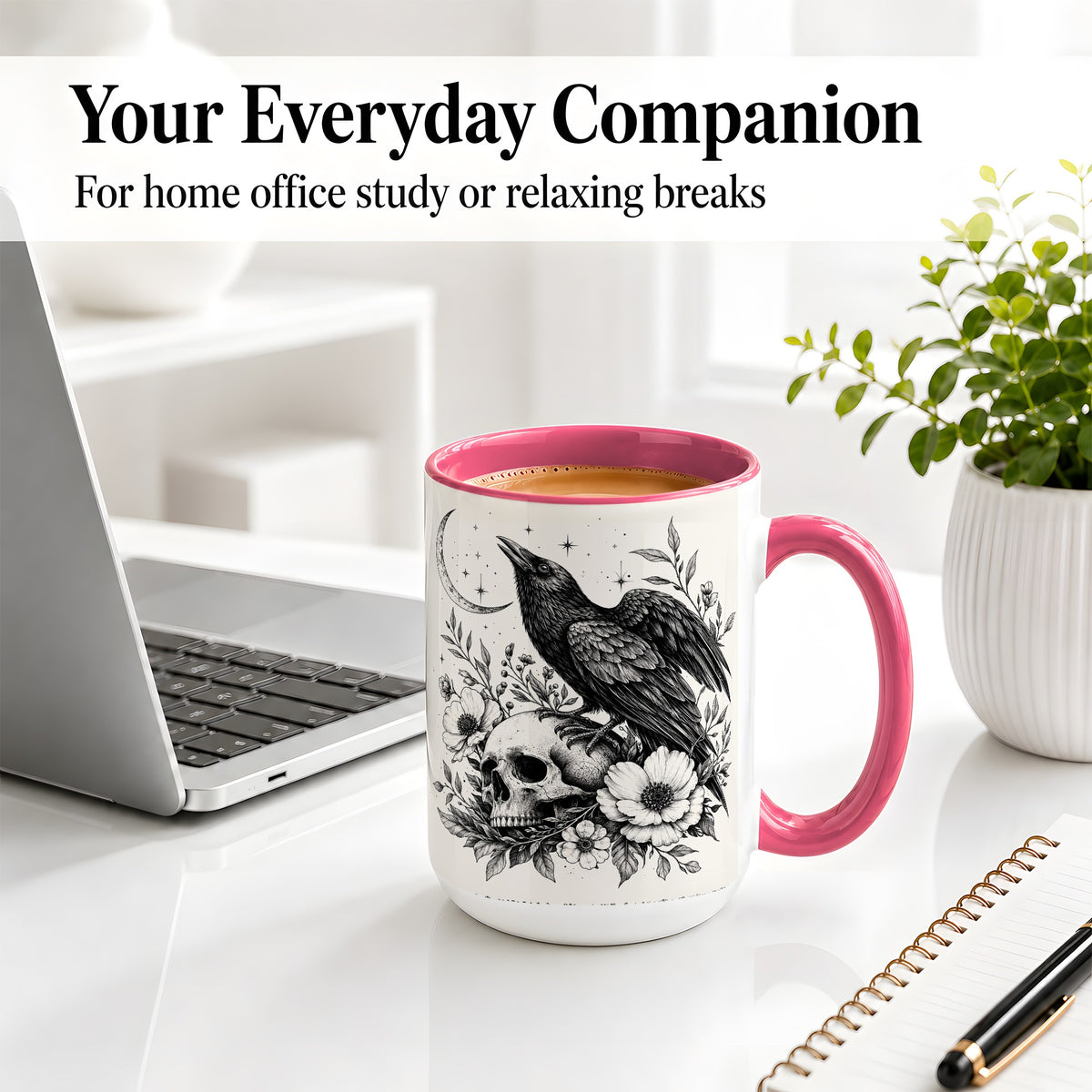 #pl[15oz|Pink] Raven Skull Floral Ceramic Mug, Crescent Moon Gothic Artwork