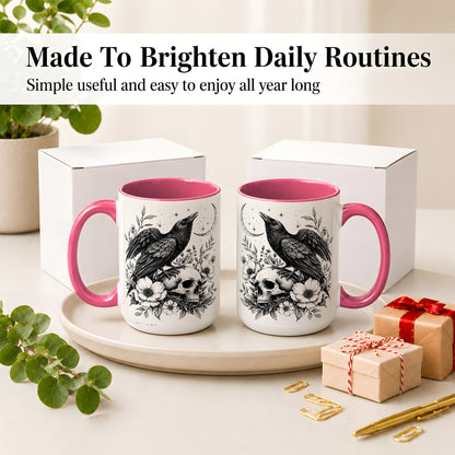 #pl[15oz|Pink] Raven Skull Floral Ceramic Mug, Crescent Moon Gothic Artwork