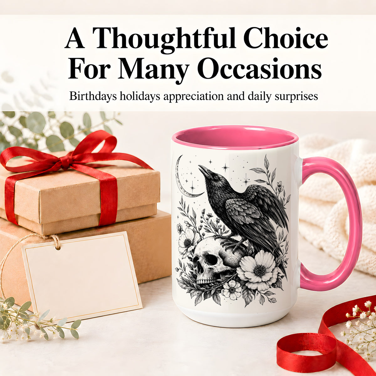 #pl[15oz|Pink] Raven Skull Floral Ceramic Mug, Crescent Moon Gothic Artwork