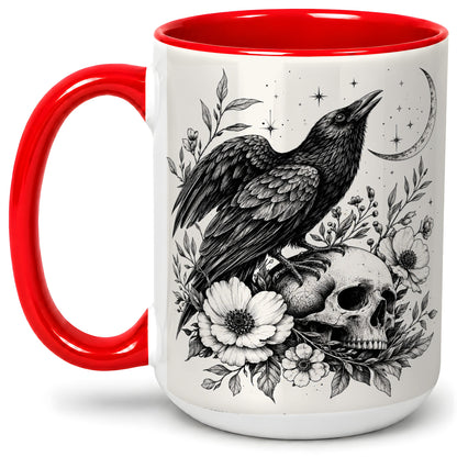 #pl[15oz|Red] Raven Skull Floral Ceramic Mug, Crescent Moon Gothic Artwork