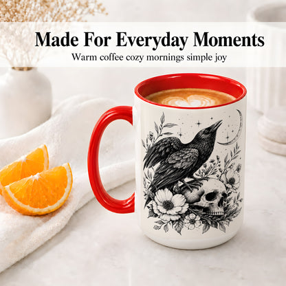 #pl[15oz|Red] Raven Skull Floral Ceramic Mug, Crescent Moon Gothic Artwork
