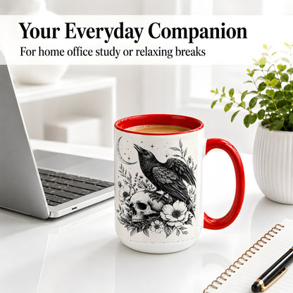 #pl[15oz|Red] Raven Skull Floral Ceramic Mug, Crescent Moon Gothic Artwork