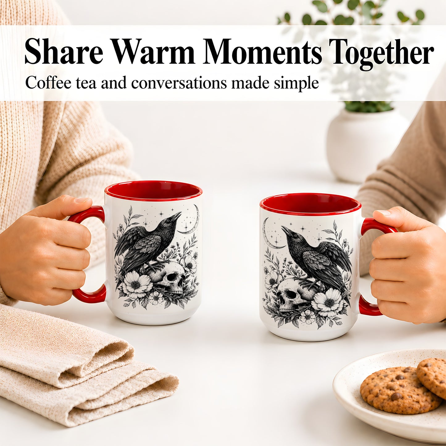 #pl[15oz|Red] Raven Skull Floral Ceramic Mug, Crescent Moon Gothic Artwork