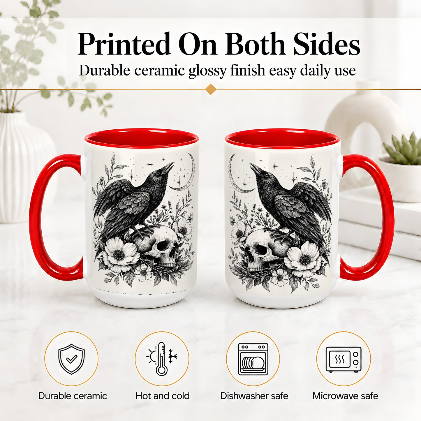 #pl[15oz|Red] Raven Skull Floral Ceramic Mug, Crescent Moon Gothic Artwork