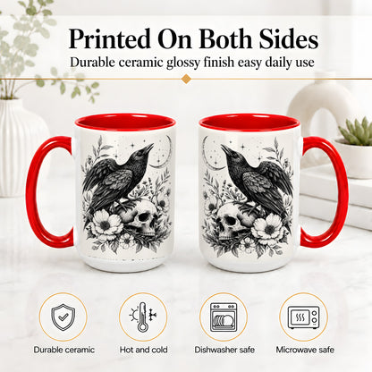 #pl[15oz|Red] Raven Skull Floral Ceramic Mug, Crescent Moon Gothic Artwork