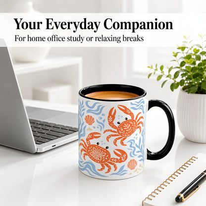#pl[11oz|Black] Folk Art Crab Ceramic Mug, Coastal Sea Life Art for Ocean Lovers