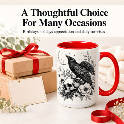 #pl[15oz|Red] Raven Skull Floral Ceramic Mug, Crescent Moon Gothic Artwork
