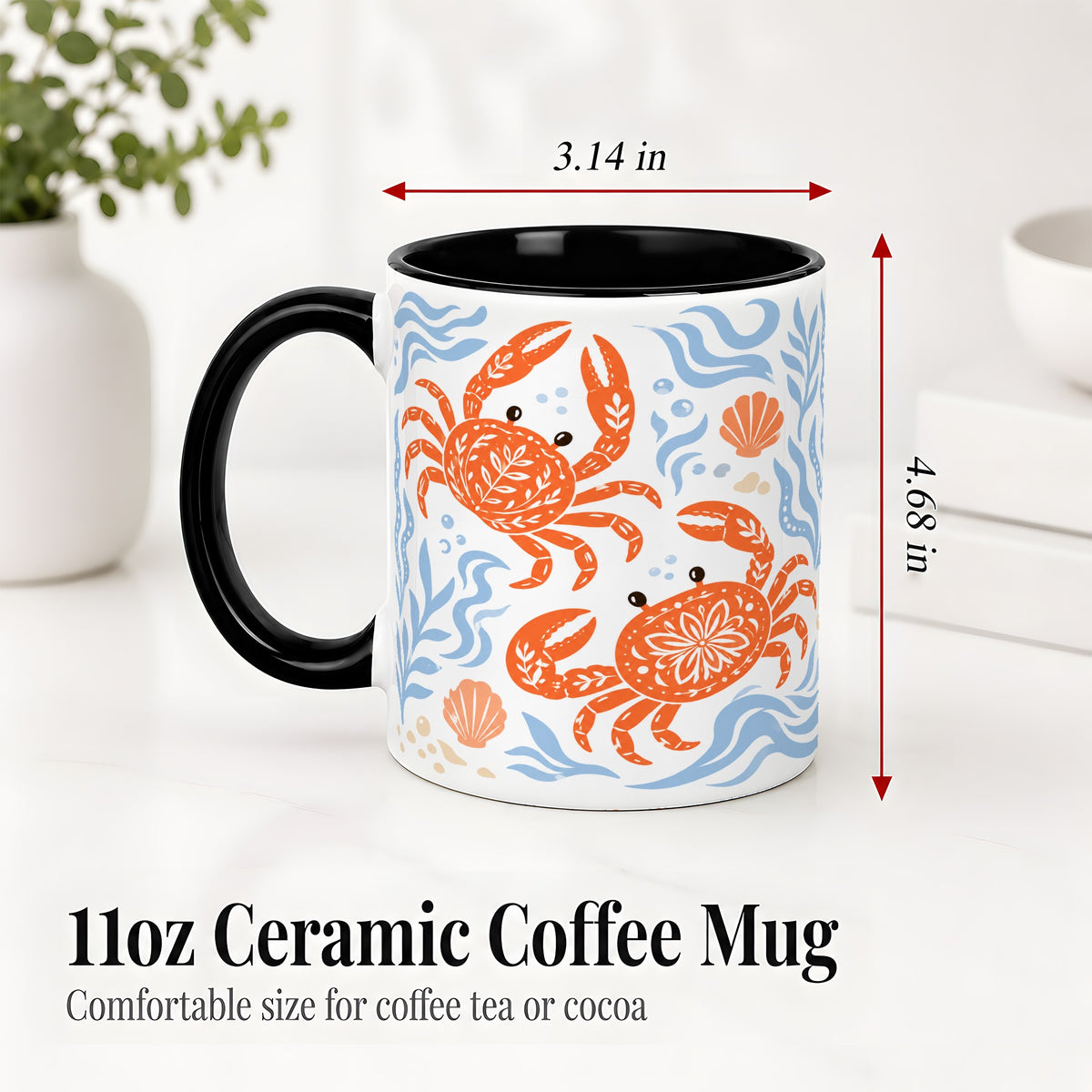 #pl[11oz|Black] Folk Art Crab Ceramic Mug, Coastal Sea Life Art for Ocean Lovers