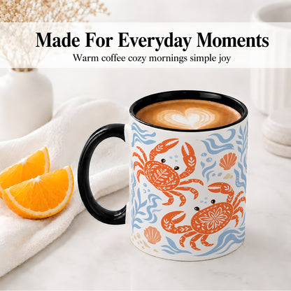 #pl[11oz|Black] Folk Art Crab Ceramic Mug, Coastal Sea Life Art for Ocean Lovers