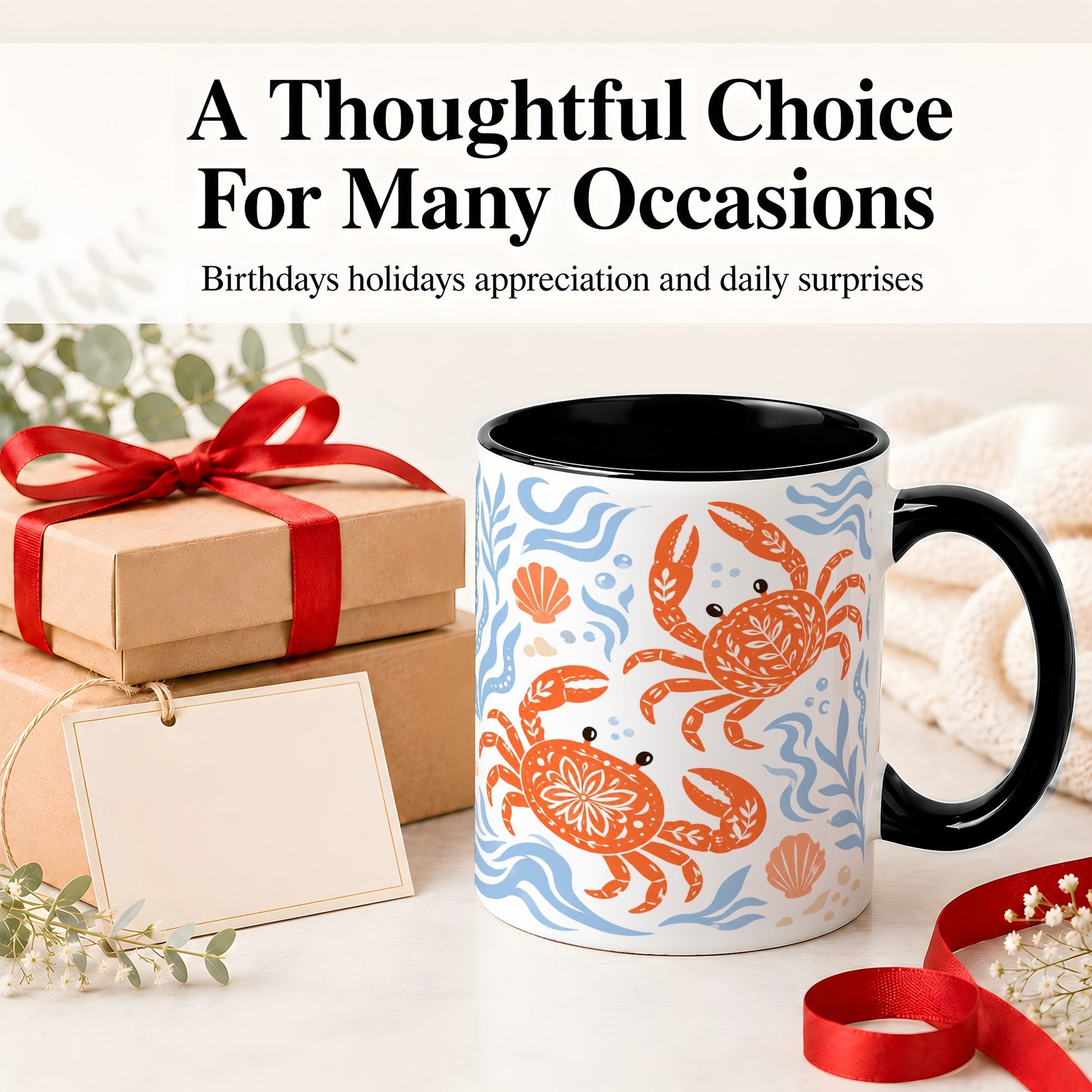 #pl[11oz|Black] Folk Art Crab Ceramic Mug, Coastal Sea Life Art for Ocean Lovers