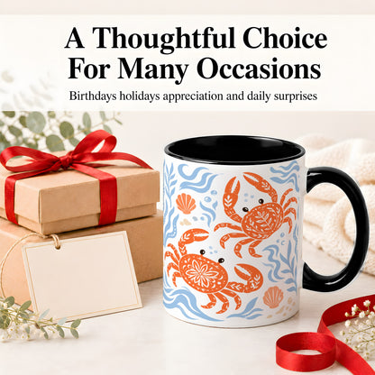 #pl[11oz|Black] Folk Art Crab Ceramic Mug, Coastal Sea Life Art for Ocean Lovers
