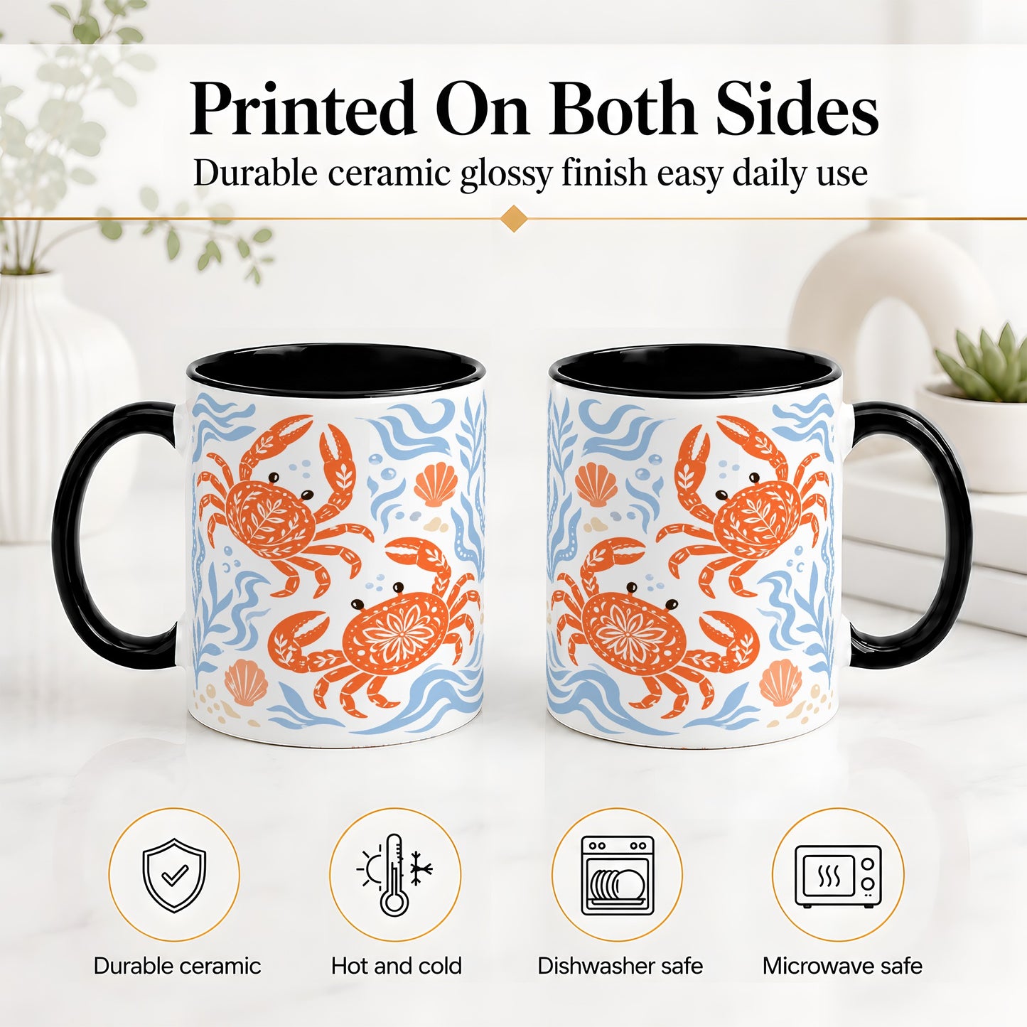 #pl[11oz|Black] Folk Art Crab Ceramic Mug, Coastal Sea Life Art for Ocean Lovers