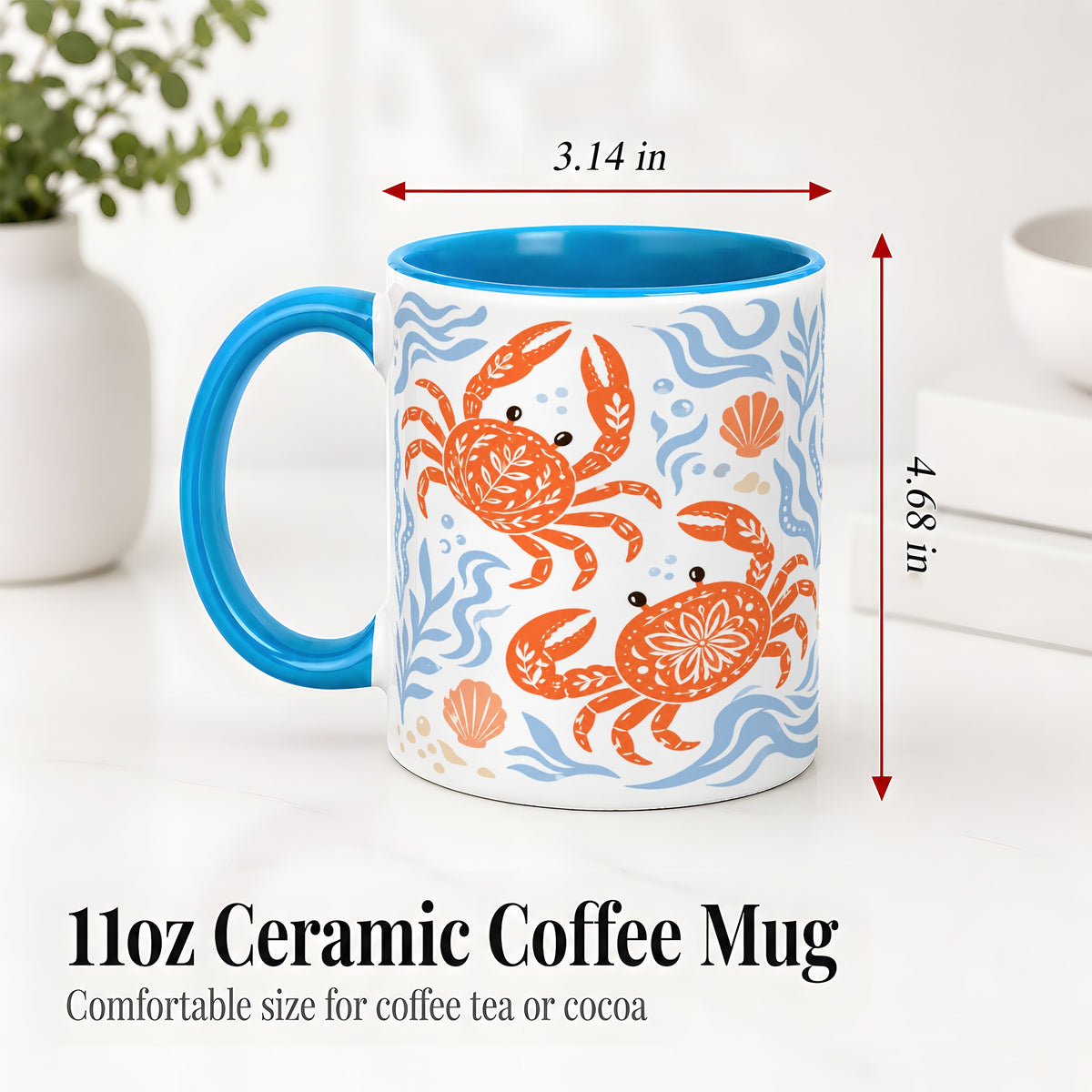 #pl[11oz|Blue] Folk Art Crab Ceramic Mug, Coastal Sea Life Art for Ocean Lovers
