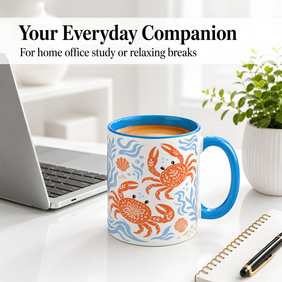 #pl[11oz|Blue] Folk Art Crab Ceramic Mug, Coastal Sea Life Art for Ocean Lovers