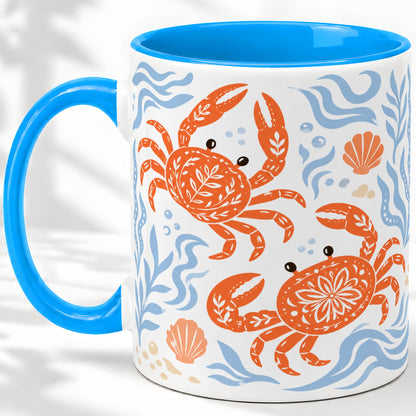 #pl[11oz|Blue] Folk Art Crab Ceramic Mug, Coastal Sea Life Art for Ocean Lovers