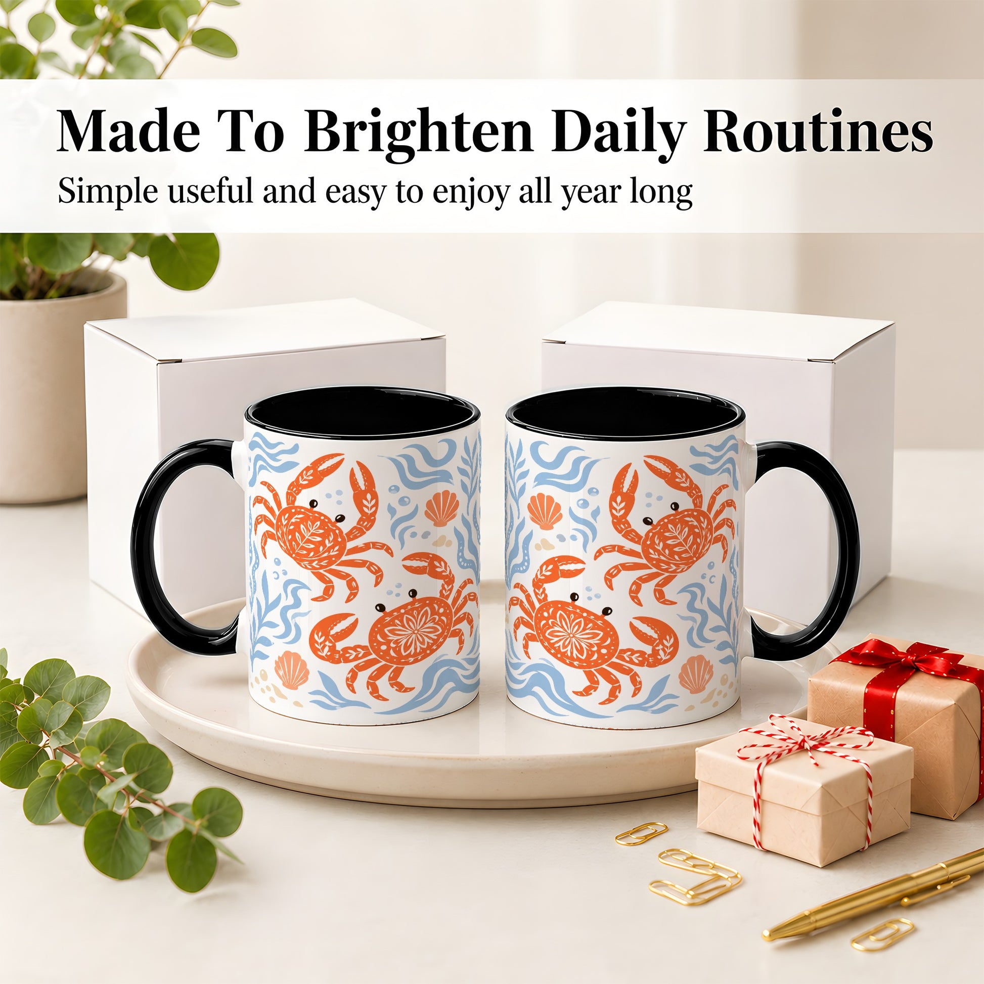 #pl[11oz|Black] Folk Art Crab Ceramic Mug, Coastal Sea Life Art for Ocean Lovers