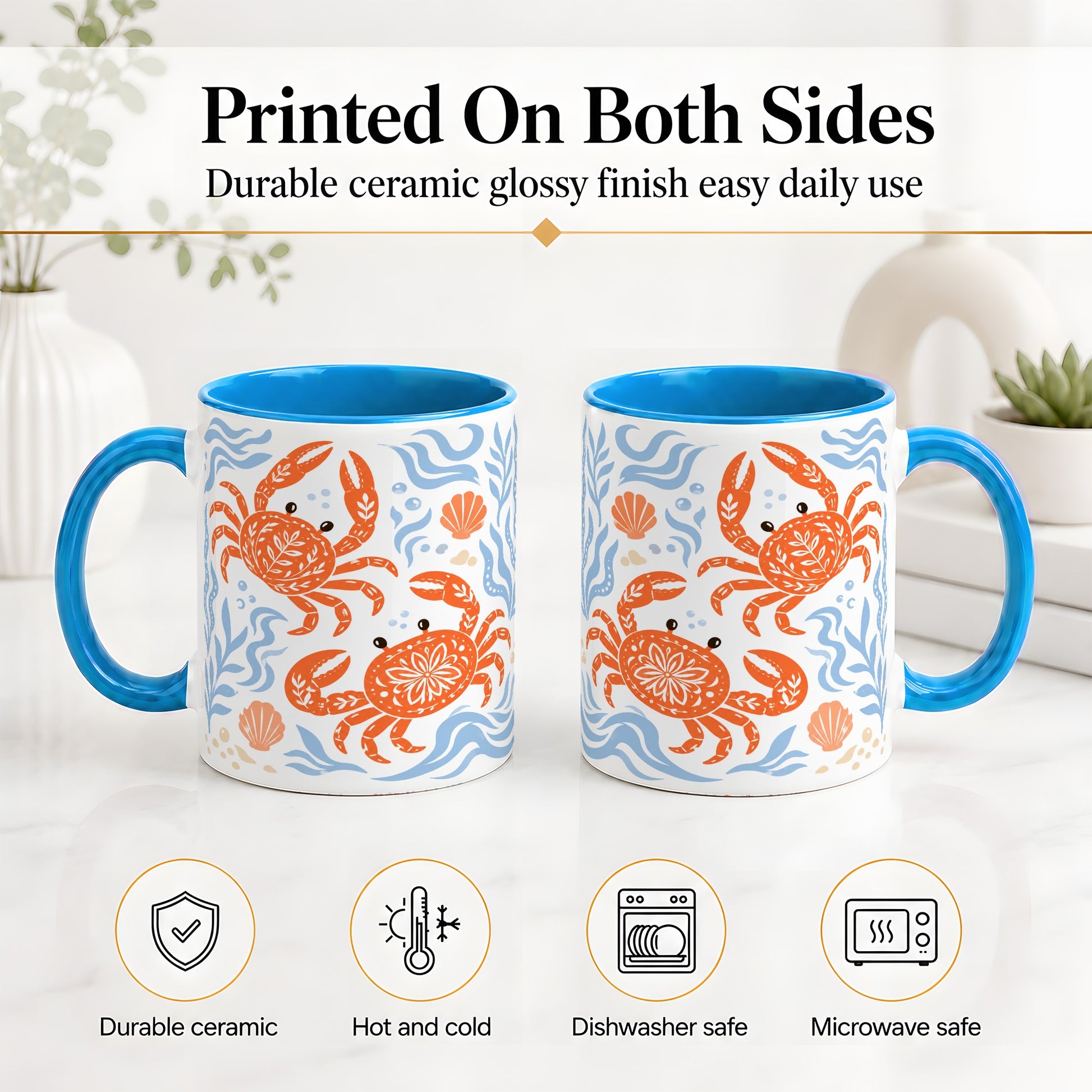 #pl[11oz|Blue] Folk Art Crab Ceramic Mug, Coastal Sea Life Art for Ocean Lovers