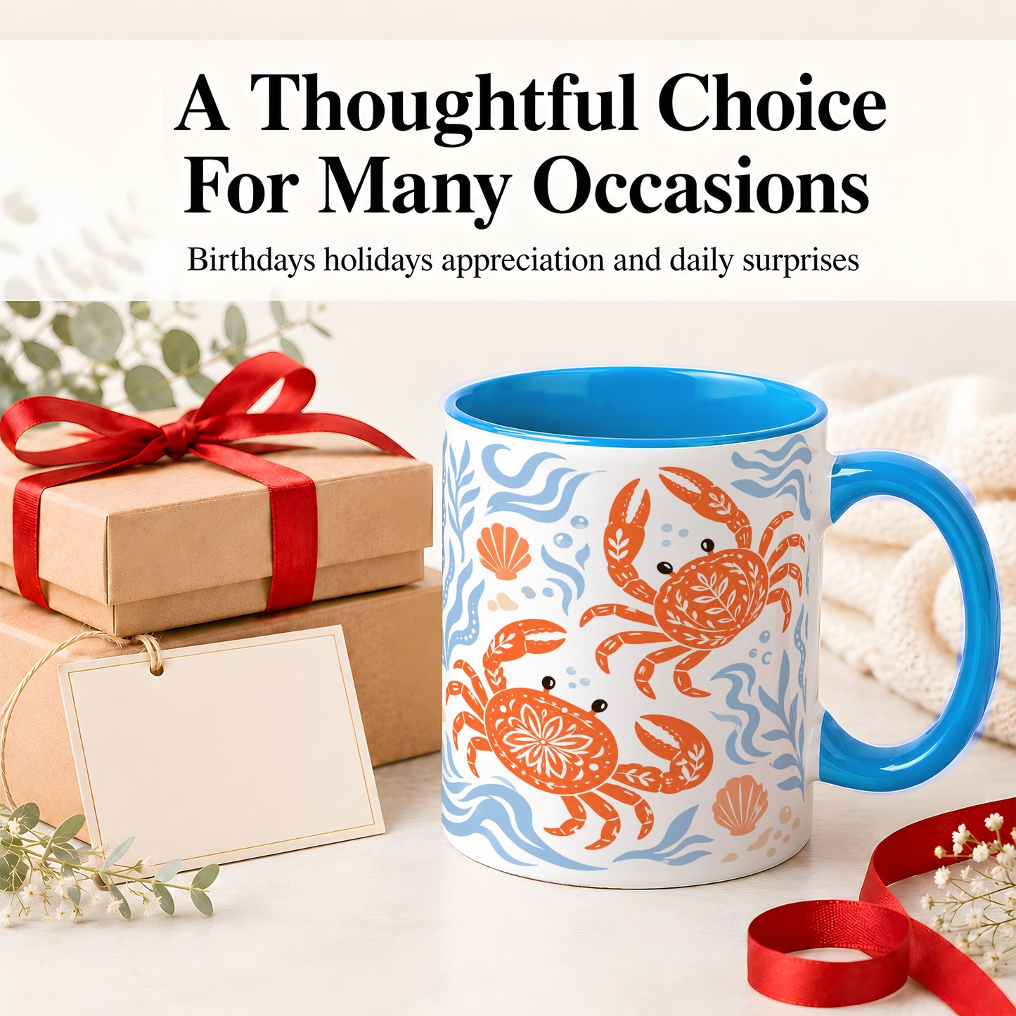 #pl[11oz|Blue] Folk Art Crab Ceramic Mug, Coastal Sea Life Art for Ocean Lovers