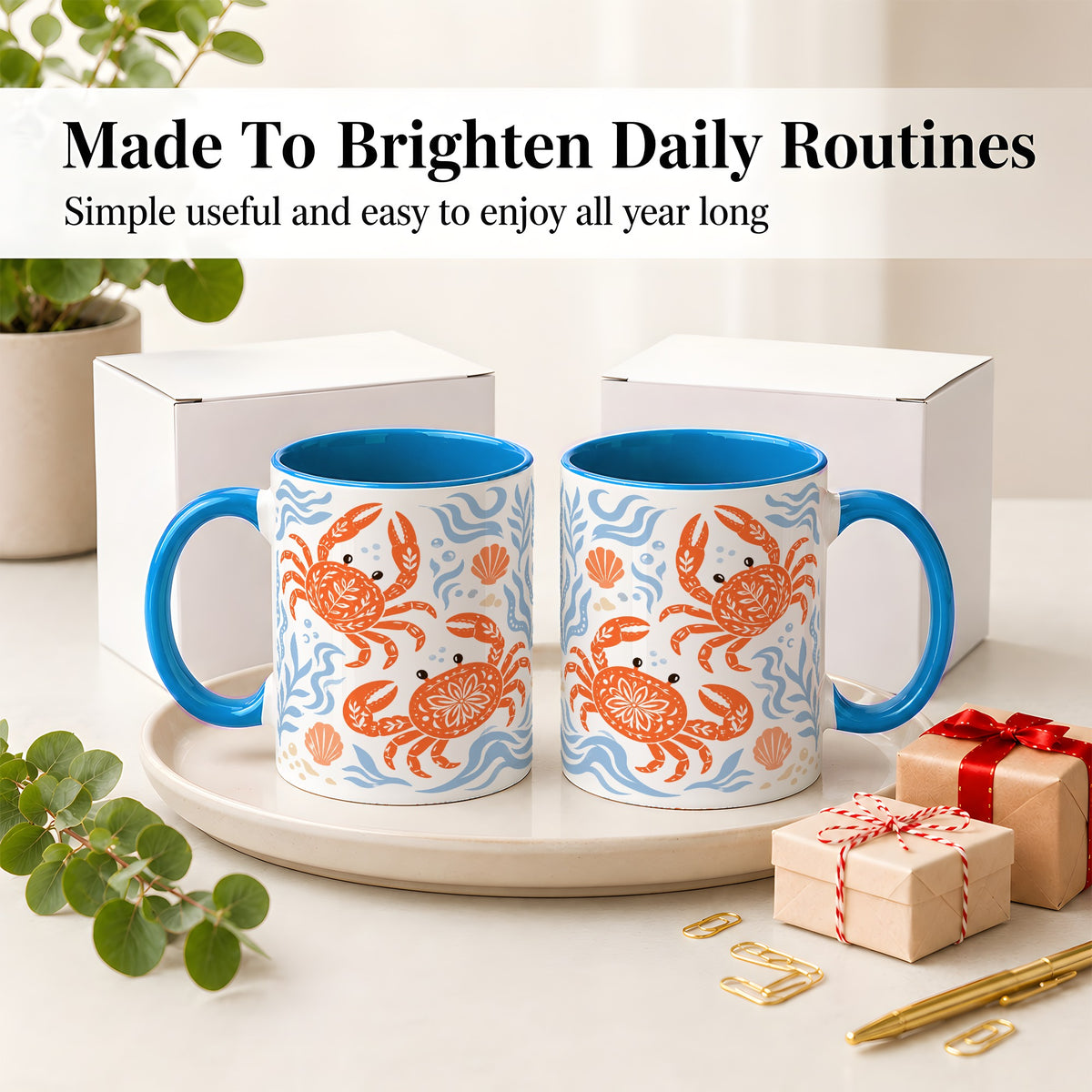 #pl[11oz|Blue] Folk Art Crab Ceramic Mug, Coastal Sea Life Art for Ocean Lovers