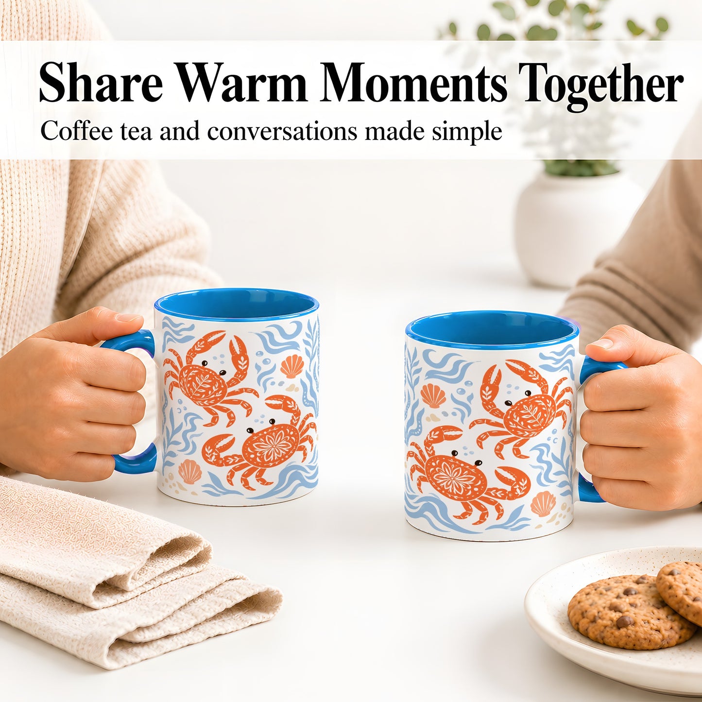 #pl[11oz|Blue] Folk Art Crab Ceramic Mug, Coastal Sea Life Art for Ocean Lovers