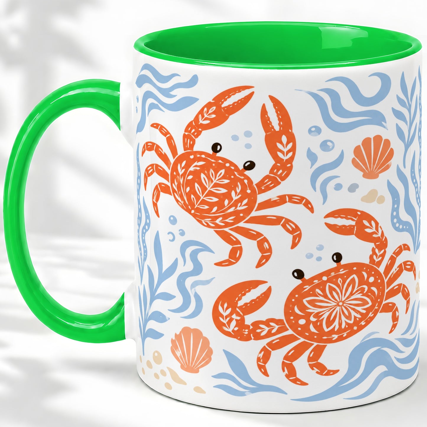 #pl[11oz|Green] Folk Art Crab Ceramic Mug, Coastal Sea Life Art for Ocean Lovers