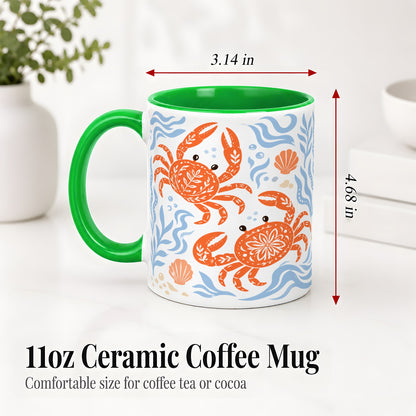 #pl[11oz|Green] Folk Art Crab Ceramic Mug, Coastal Sea Life Art for Ocean Lovers