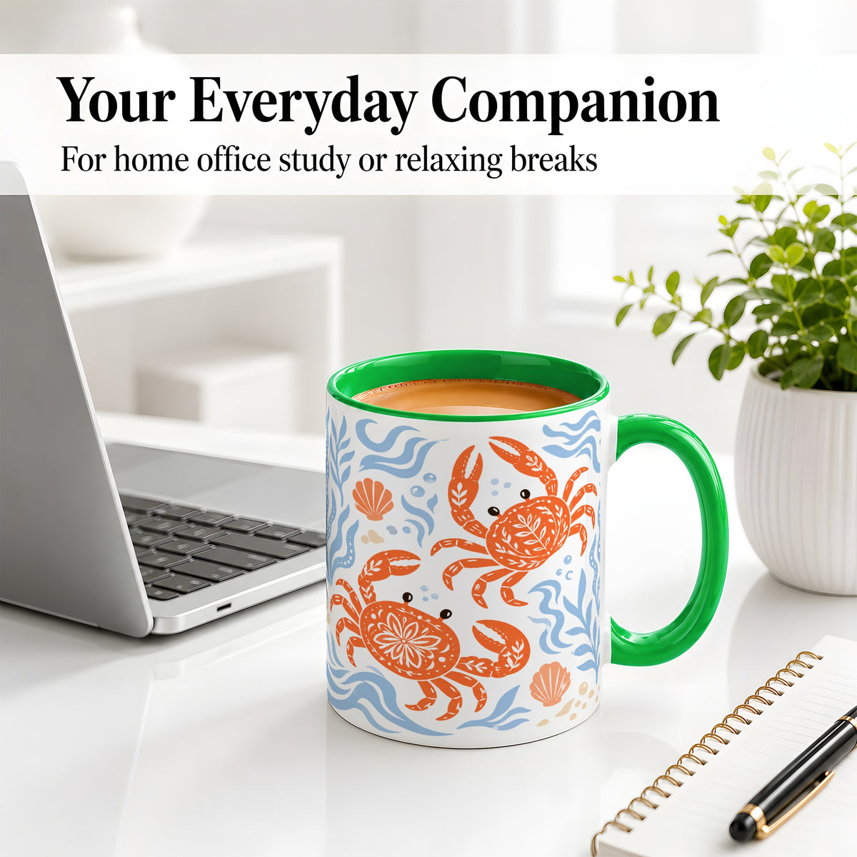 #pl[11oz|Green] Folk Art Crab Ceramic Mug, Coastal Sea Life Art for Ocean Lovers