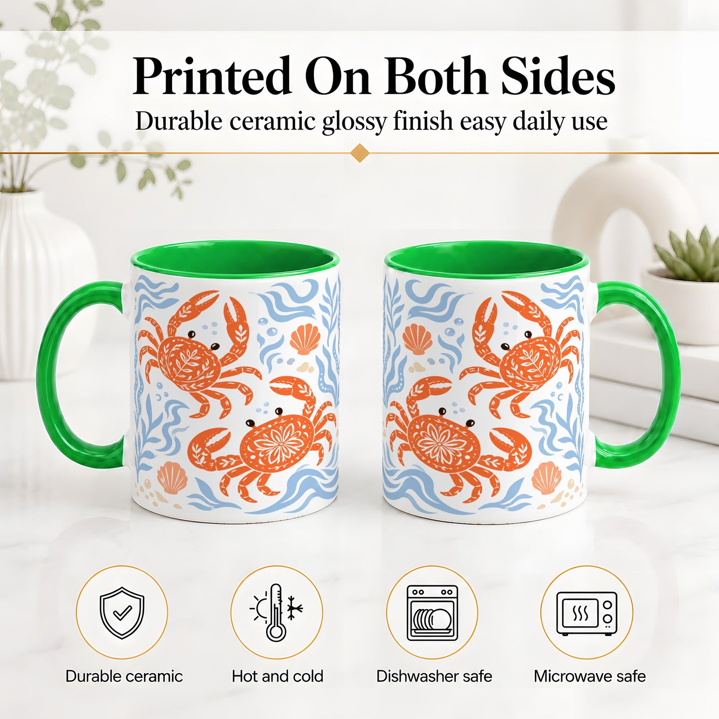 #pl[11oz|Green] Folk Art Crab Ceramic Mug, Coastal Sea Life Art for Ocean Lovers