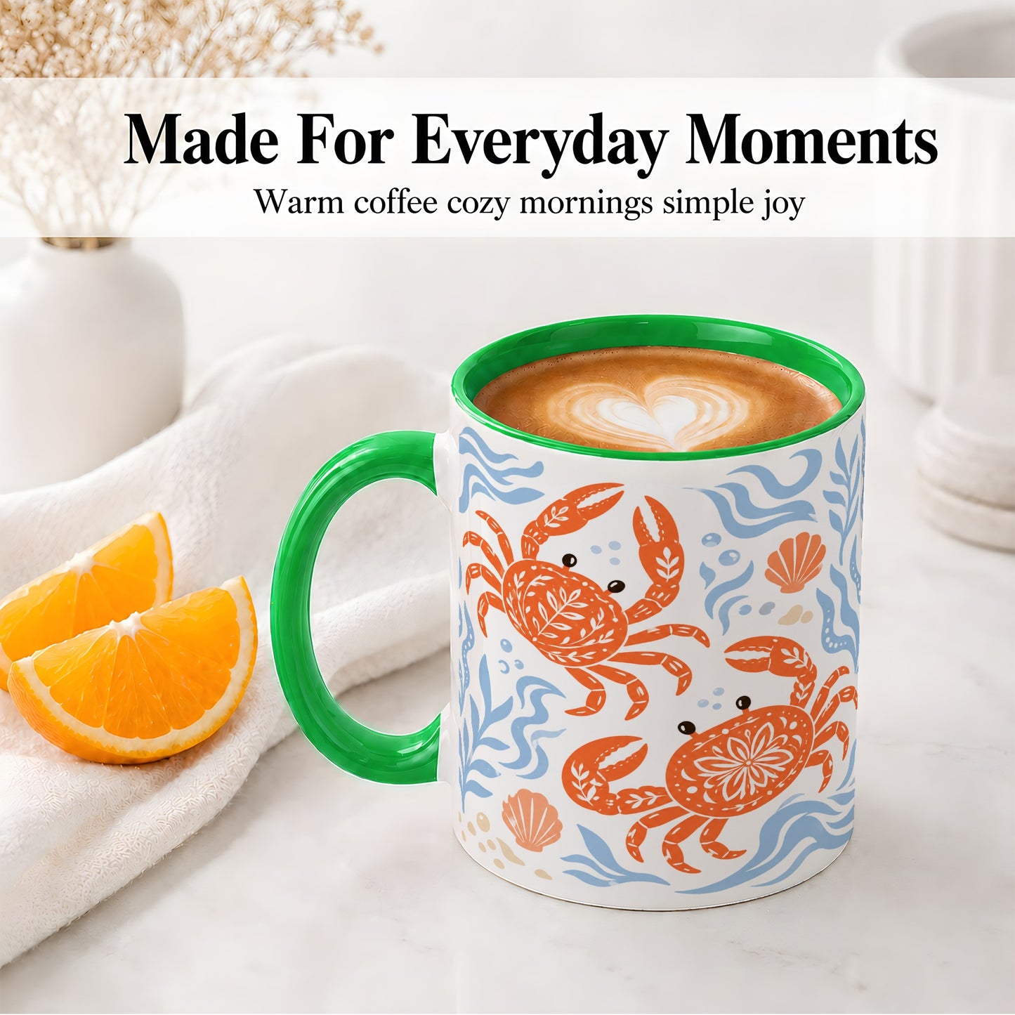 #pl[11oz|Green] Folk Art Crab Ceramic Mug, Coastal Sea Life Art for Ocean Lovers