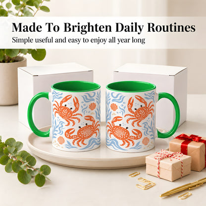#pl[11oz|Green] Folk Art Crab Ceramic Mug, Coastal Sea Life Art for Ocean Lovers