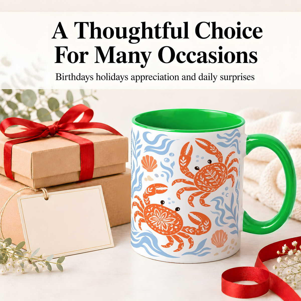#pl[11oz|Green] Folk Art Crab Ceramic Mug, Coastal Sea Life Art for Ocean Lovers