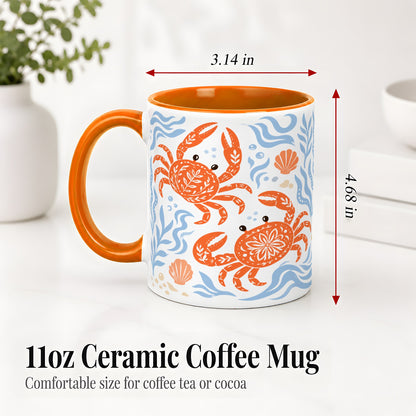 #pl[11oz|Orange] Folk Art Crab Ceramic Mug, Coastal Sea Life Art for Ocean Lovers