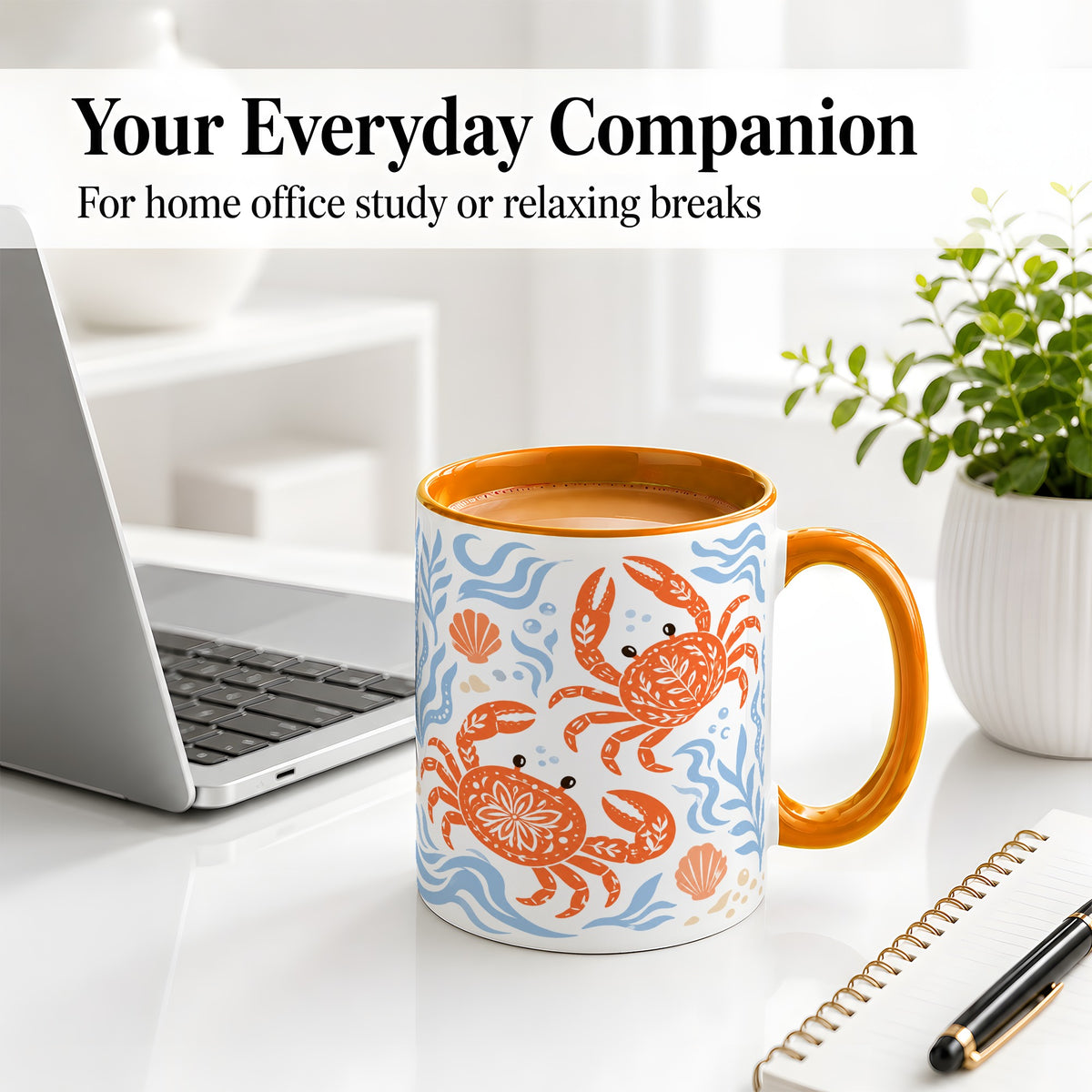 #pl[11oz|Orange] Folk Art Crab Ceramic Mug, Coastal Sea Life Art for Ocean Lovers