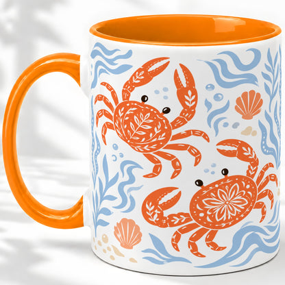 #pl[11oz|Orange] Folk Art Crab Ceramic Mug, Coastal Sea Life Art for Ocean Lovers