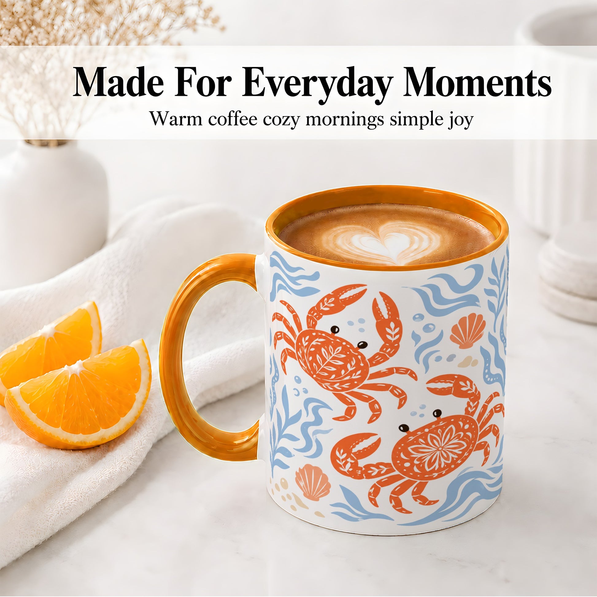 #pl[11oz|Orange] Folk Art Crab Ceramic Mug, Coastal Sea Life Art for Ocean Lovers