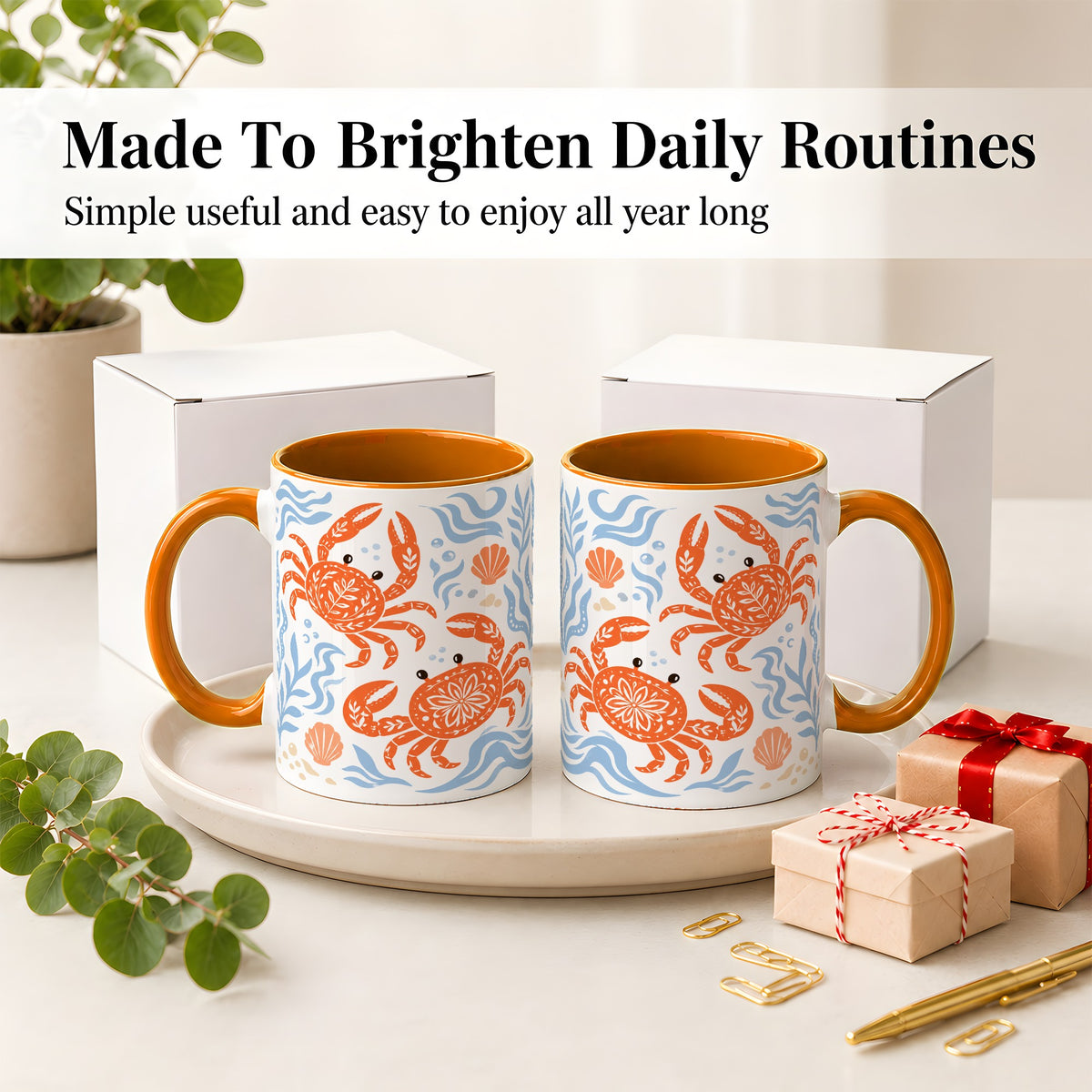 #pl[11oz|Orange] Folk Art Crab Ceramic Mug, Coastal Sea Life Art for Ocean Lovers