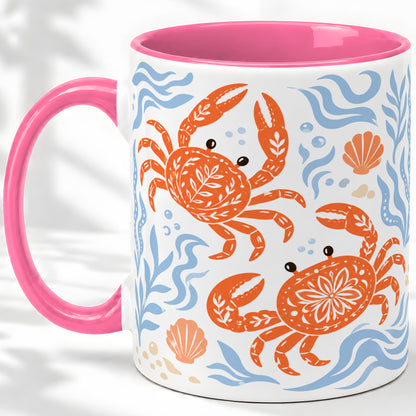 #pl[11oz|Pink] Folk Art Crab Ceramic Mug, Coastal Sea Life Art for Ocean Lovers