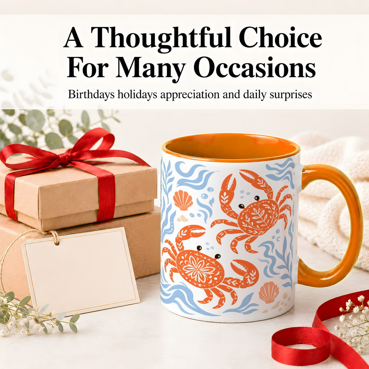 #pl[11oz|Orange] Folk Art Crab Ceramic Mug, Coastal Sea Life Art for Ocean Lovers