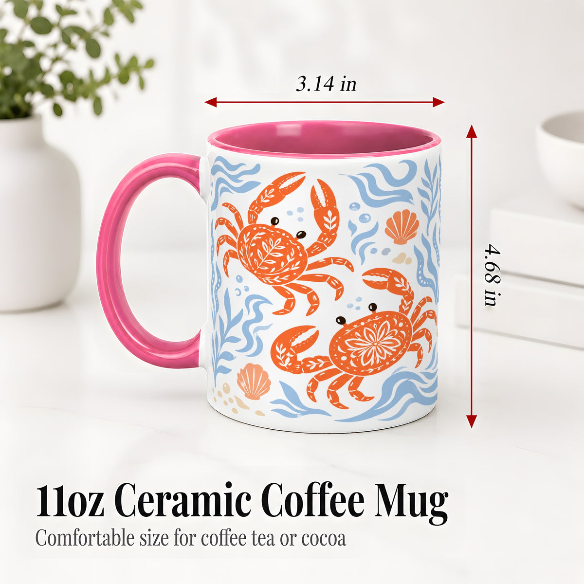 #pl[11oz|Pink] Folk Art Crab Ceramic Mug, Coastal Sea Life Art for Ocean Lovers